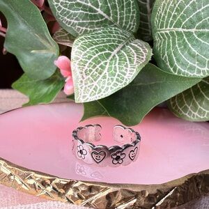 Silver Heart and Flower Adjustable Ring